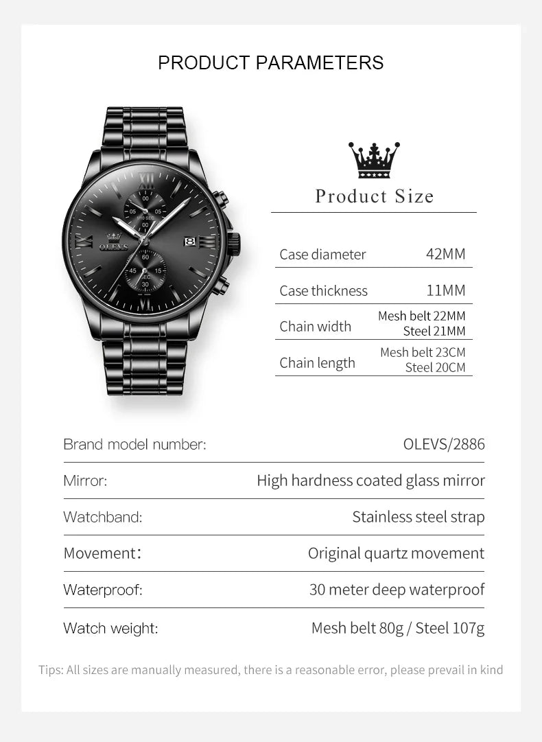 Quartz Watch Luxury Black Stainless steel Date Luminous Waterproof Business Watch Quartz Watch for Men Watch Quartz