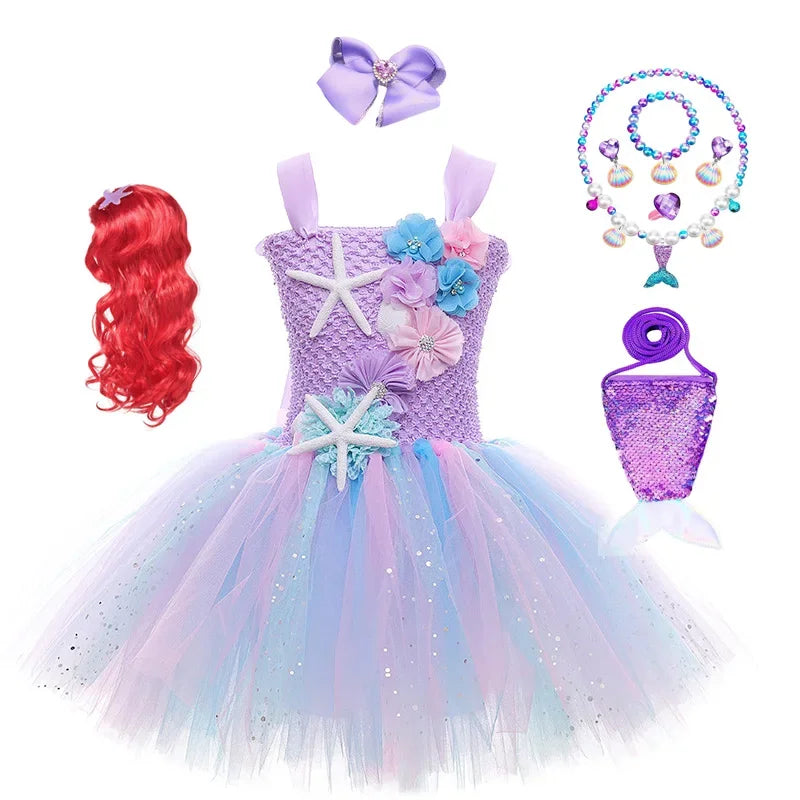 Pastel Mermaid Princess Tutu Dress with Flower Headband Party Costume
