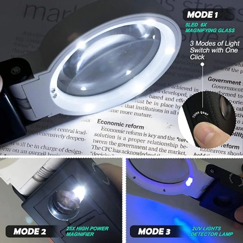 3X 5X 25X LED Handheld Magnifying Glass with Stand Foldable Reading Magnifier