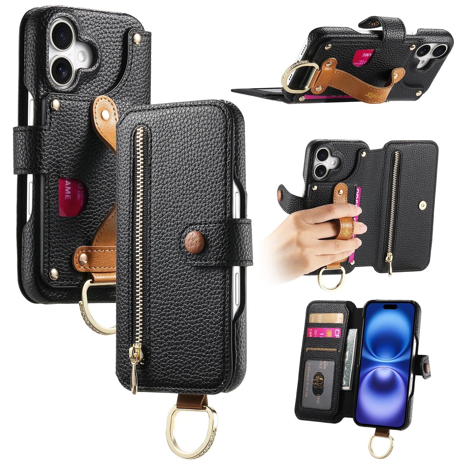 Wallet Flip Case for iPhone 16 15 Pro Max 14 Plus 16Pro 14Pro 15Pro Leather Strap Card Slots Zipper Cover