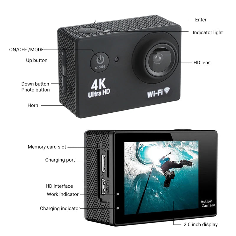 4K WiFi Action Camera with 2 Inch Screen and 30M Waterproof Case