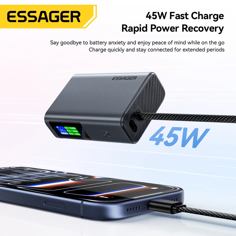 45W Power Bank 10000mAh Built-in USB C Cable Fast Charging Portable Battery with Digital Display