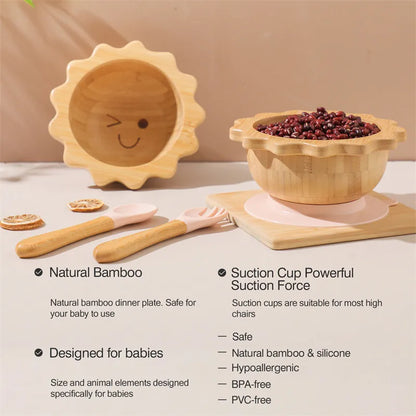 Baby Wooden Tableware Set Sun Bamboo Wooden Plate Bowl Silicone Suction Wooden Handle Fork Spoon for Newborn Feeding Supplies