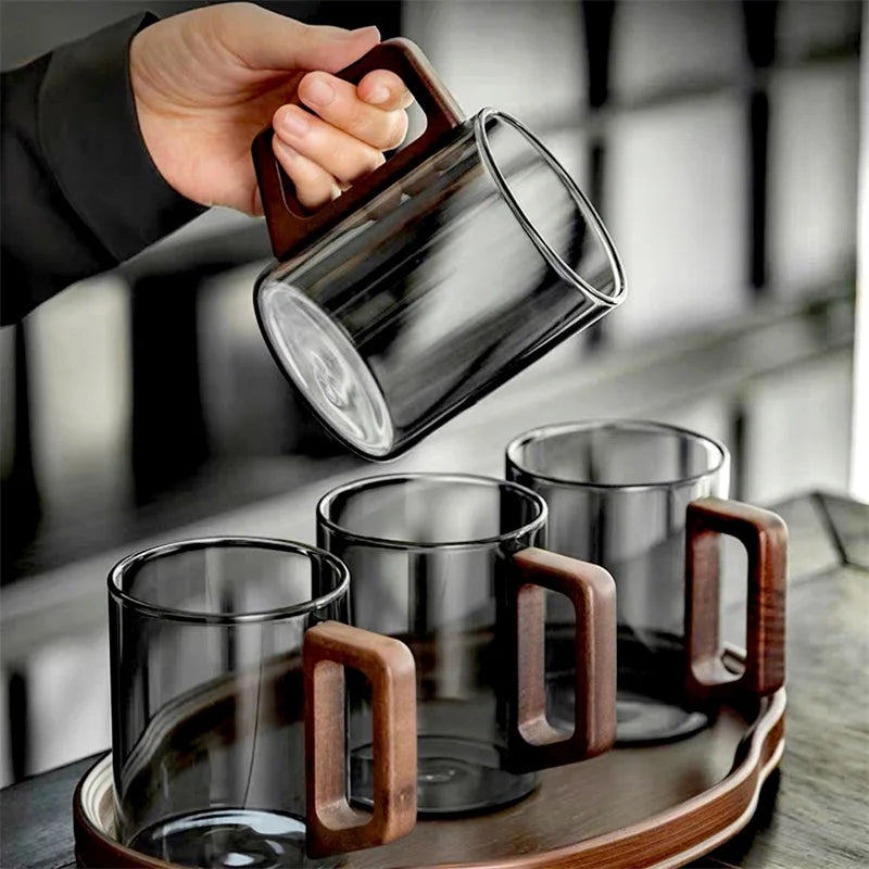 400ml Heat-resistant Glass Cups with Walnut Handle Household Flower Tea Mug Tea Making Cup Milk Water Cup