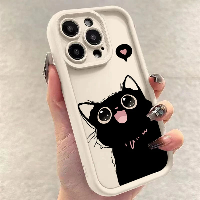 Lovely Black Cat Silicone Case For iPhone 17 16 15 14 Pro Max 16E 16 Plus 17Air Shockproof Back Covers