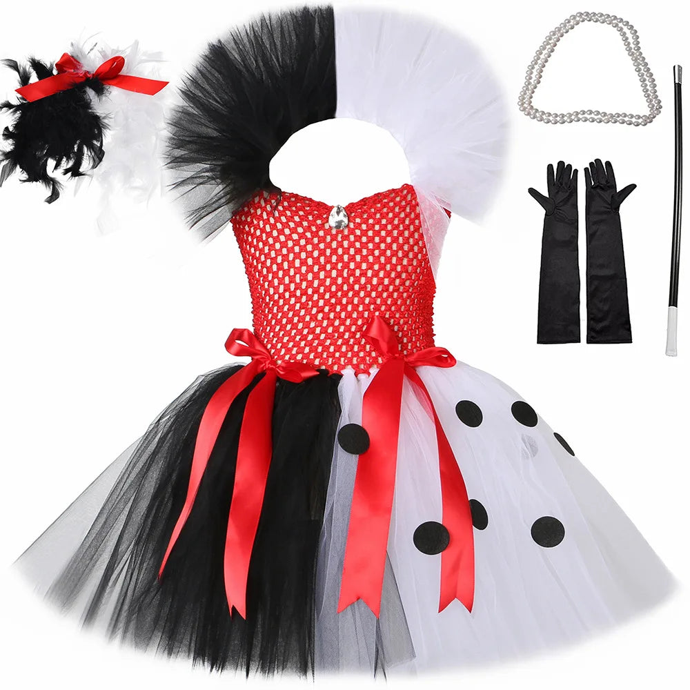 Girls Halloween Cruella Cosplay Costumes Girls Party Tutu Dress Black And White Tulle Frocks Kids Evil Role Playing Outfits