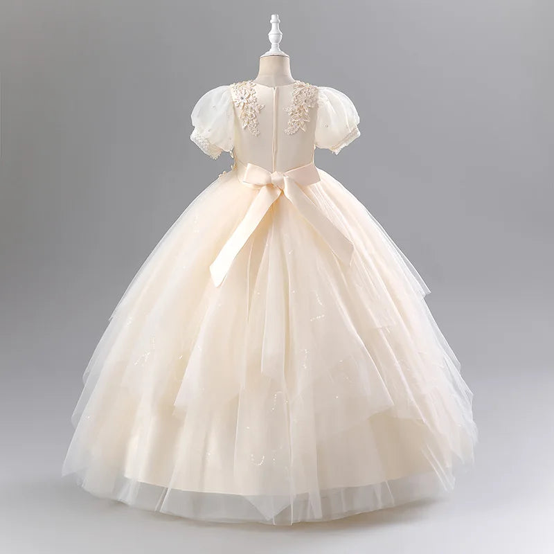 Girls Princess Ball Gown - Fluffy Tulle Party Dress for Flower Girl/Birthday/Pageant | Sparkly Puffy Sleeve Wedding Dress