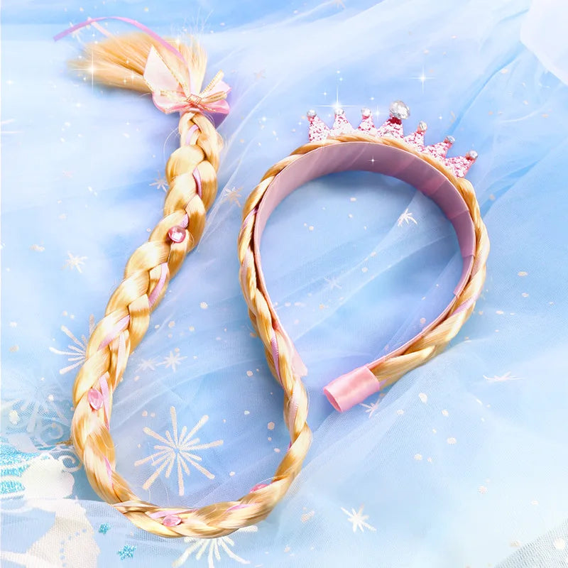 Girls Pink Blue Purple Flower Weaving Braid Headband Kids Princess Dress Up Hair Accessories Aurora Elsa Sofia Rapunzel Wig