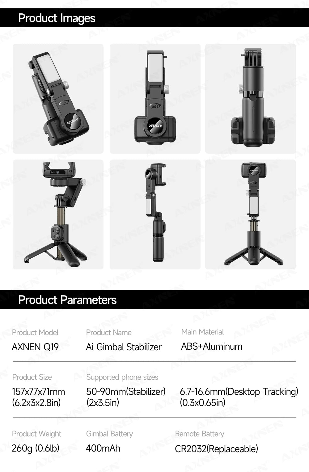 Q19 AI Desktop Gimbal Stabilizer 360 Rotation Auto Face Tracking Mobile Phone Handheld Anti-shake Selfie with Fill Light
