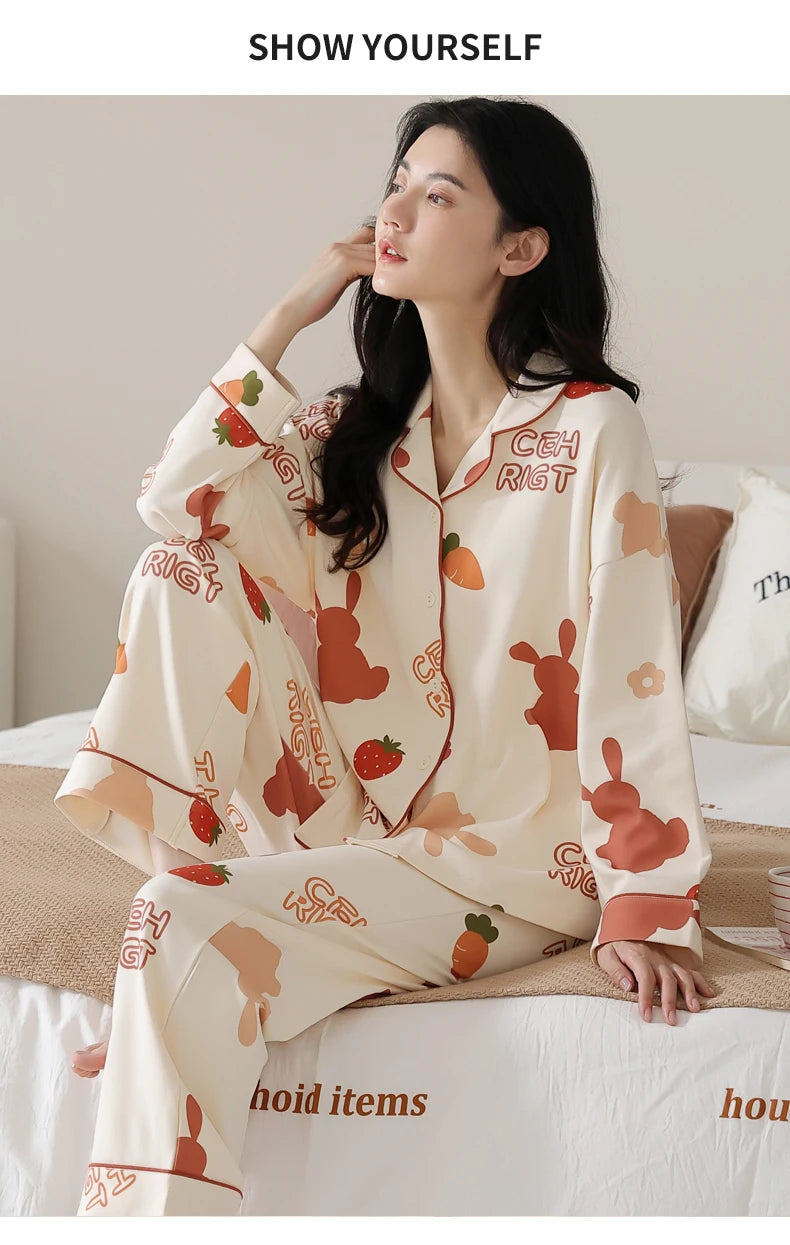 Women’s Winter 100% Cotton Pajama Set – Loose Fit, Turn-Down Collar, Long Sleeves, Cute Pink