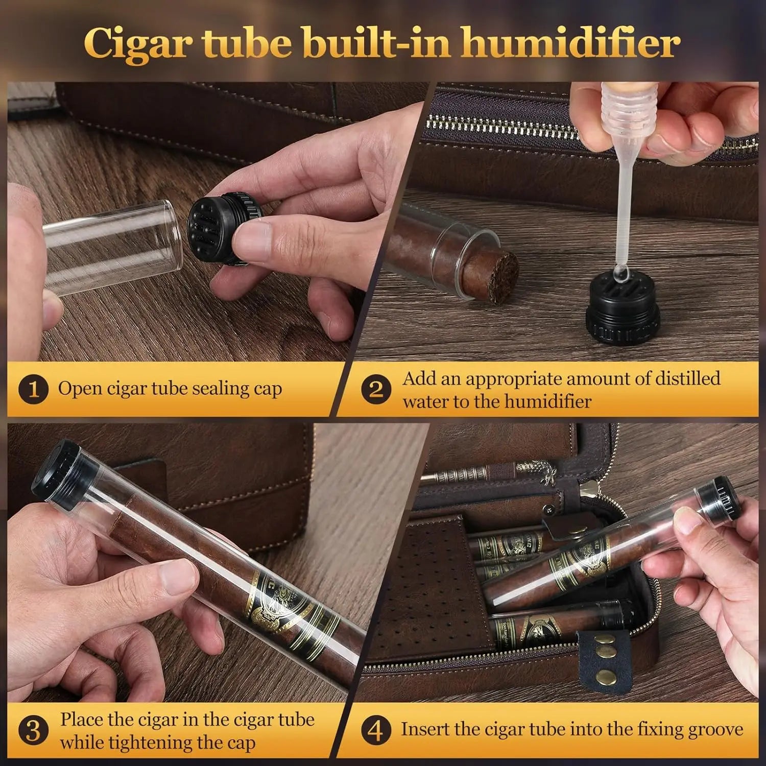 Cigar Humidor, Leather Travel Cigar Case, Include 4 Cigar Tubes & Humidifier, Cigar Draw Enhancer and Multifunction Cigar Cutter