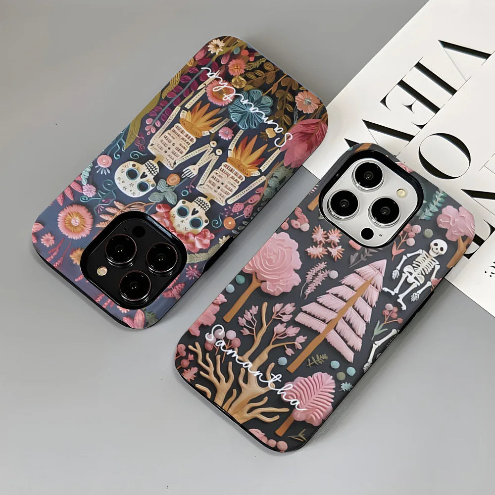 Fashion Embroidery Effect Skull Skeleton Phone Case For iPhone 16 15 Pro Max 16 Plus 2 in 1 Hard Protection Cover Funda