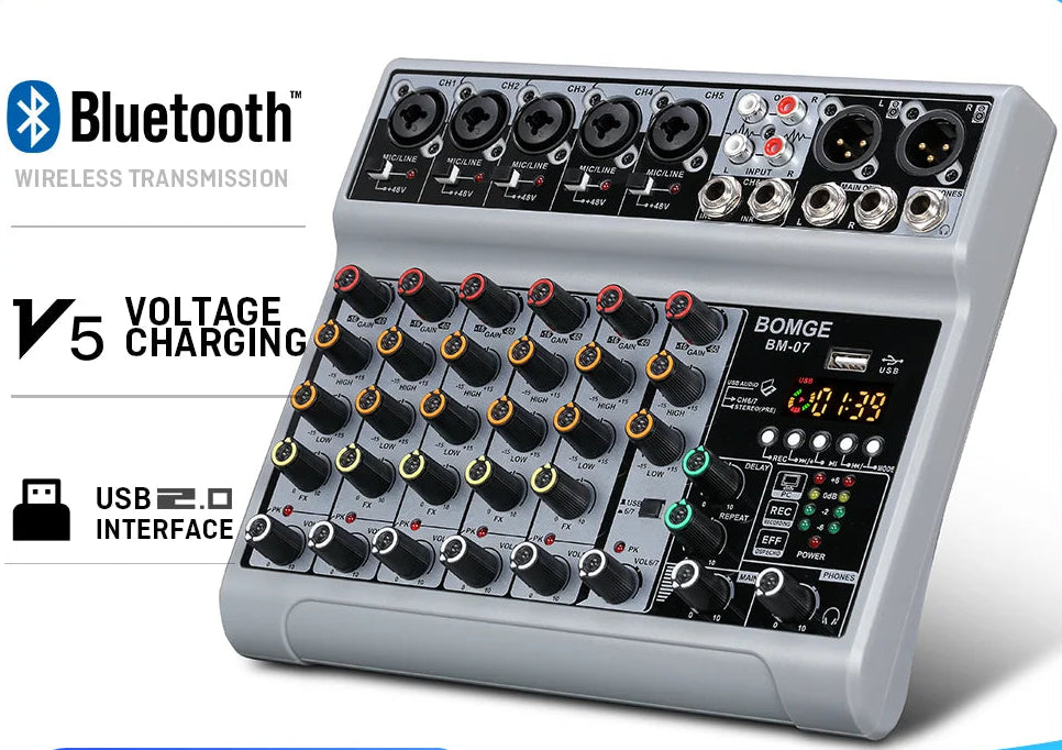 BOMGE 7 Channel Audio Mixer with Bluetooth USB 5 Mic Line 1 Stereo Input XLR Balanced 6.35mm Jack Output With headphone monitor