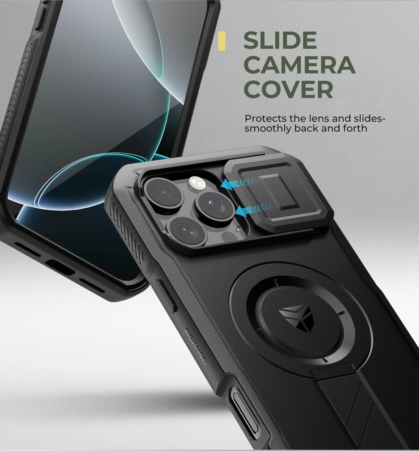 For iPhone 16 Pro Max Rugged Armor Shockproof Case with Built-in Sliding Camera Cover and Built-in Screen Protector Kickstand