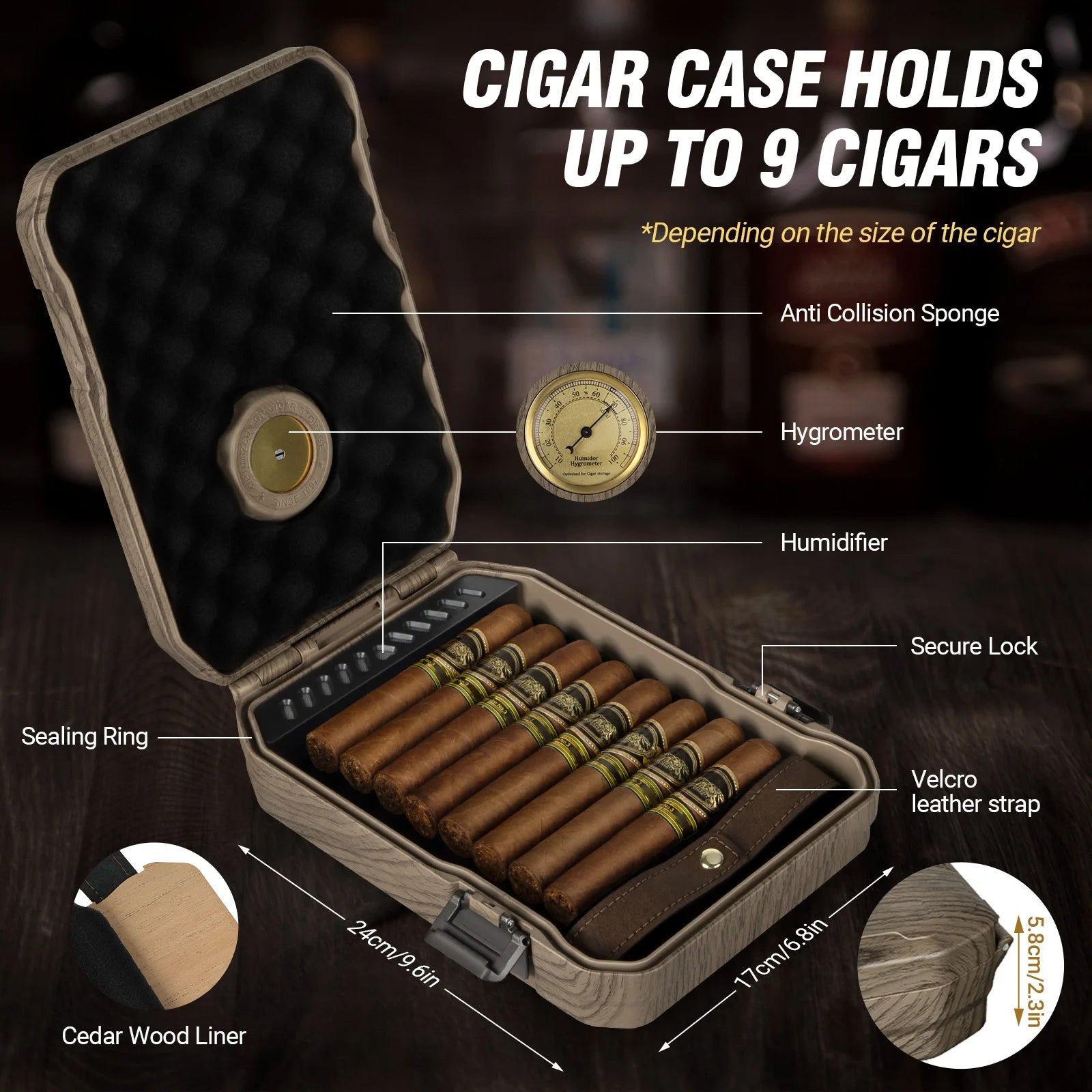 Travel Cigar Humidor with Cigar Lighter, Cedar Wood, V Cut Cutter, Portable Cigar Humidor with Humidifier & Hygrometer
