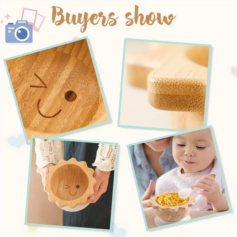 Baby Wooden Tableware Set Sun Bamboo Wooden Plate Bowl Silicone Suction Wooden Handle Fork Spoon for Newborn Feeding Supplies