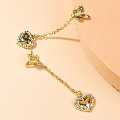 Korean Crystal Heart Earrings Pearl Butterfly Long Dangle Earring Trendy Jewelry