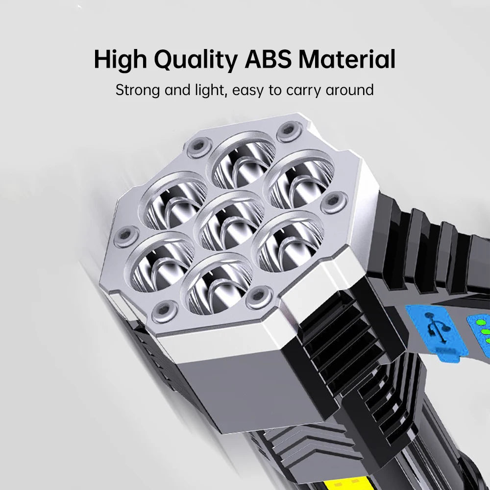 High Power 7 LED Flashlight Rechargeable USB Torch with COB Side Light Portable Outdoor Work Lamp