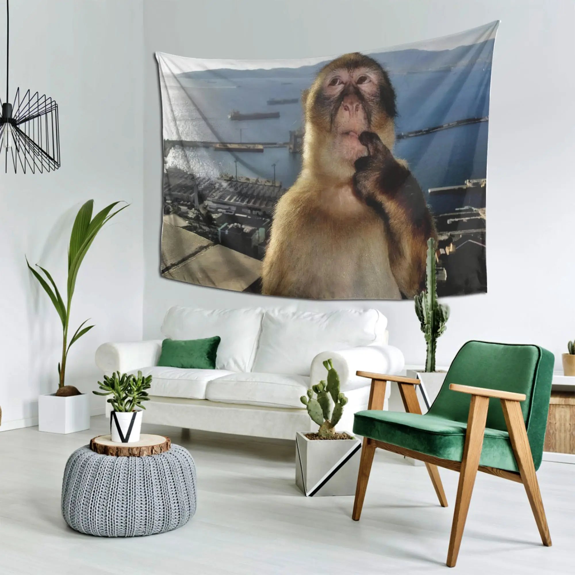 Contemplation Monkey Ocean Tapestry Sailboat Far Mountain City Panoramic Living Room Sofa Background Wall Decoration