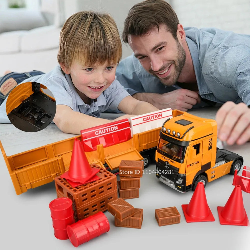 1:32 Roadblock Transport Truck Flatbed Trailer Model Toys Diecast Alloy Car Doors Opened Sound Light Pull Back Vehice Boy's Puzz