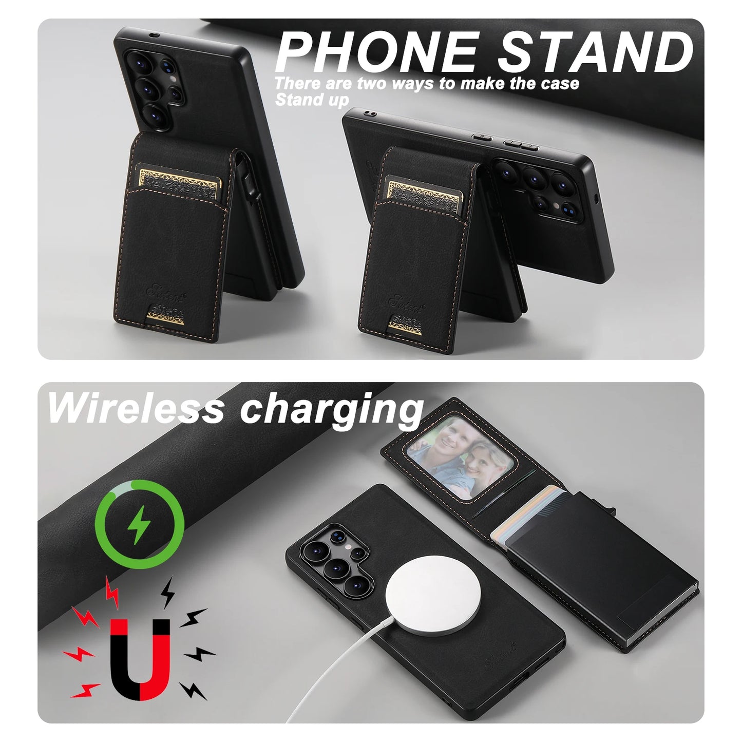 Magnetic PU Leather Wallet Case with Card Slot & Kickstand for Samsung Galaxy S26 Ultra / S25 Plus – Wireless Charging Cover