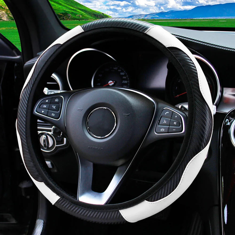 PU Carbon Fiber Leather Car Steering Wheel Cover 37CM 38CM