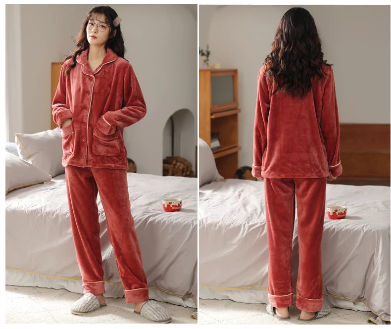 Women’s Winter Flannel Pajama Set – Warm, Thick Coral Fleece 2-Piece Loungewear