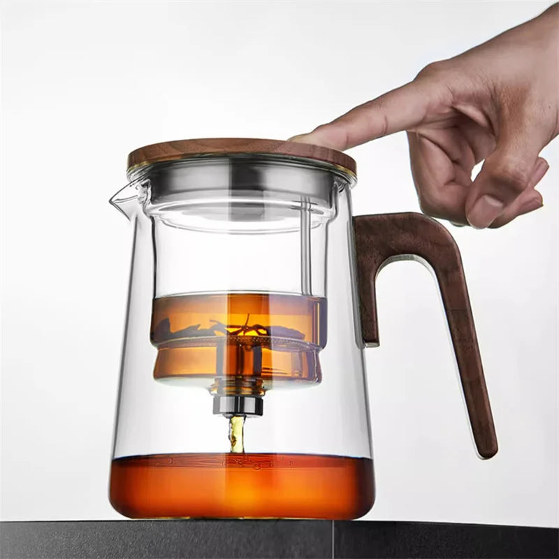 One Click Tea Separation Glass Teapot with Wood Handle