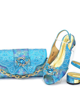 Women Low Heels Sandals Shinning Material with Rhinestone Italian Design Sky Blue Color Peep Toe Shoes and Bags Set