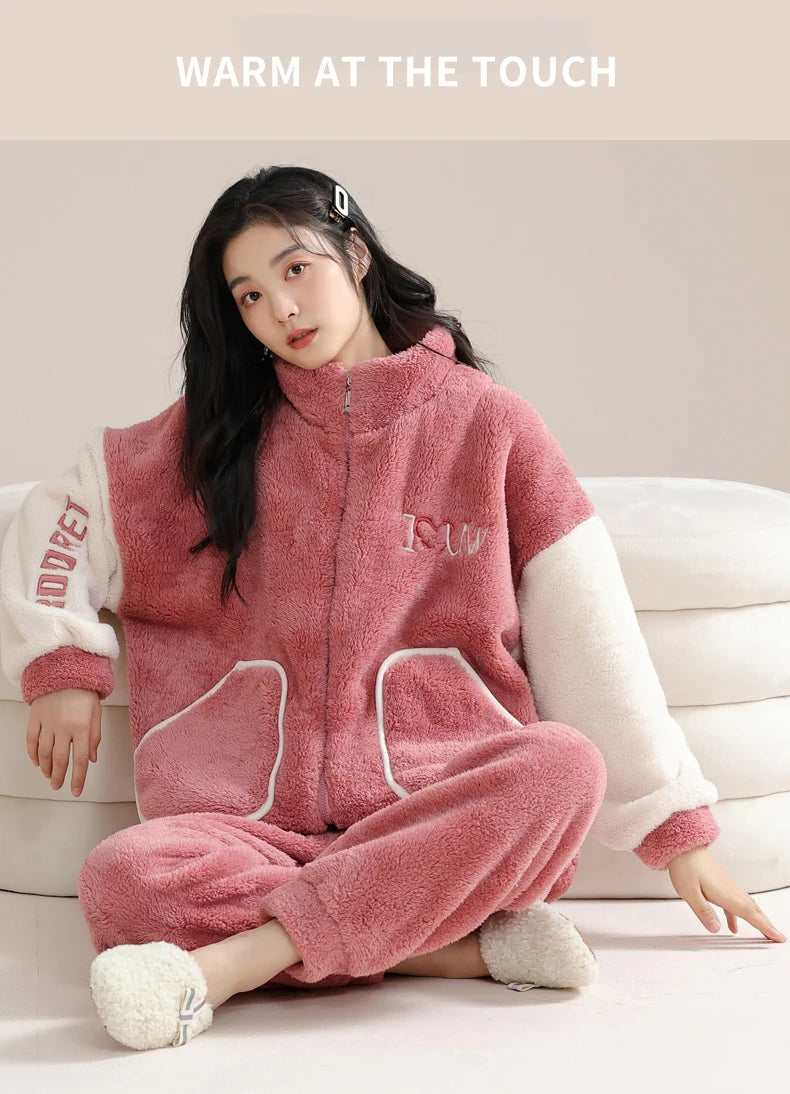 Women’s Christmas Fleece Pajama Set – Warm Flannel Zipper Sleepwear, Thick Coral Velvet