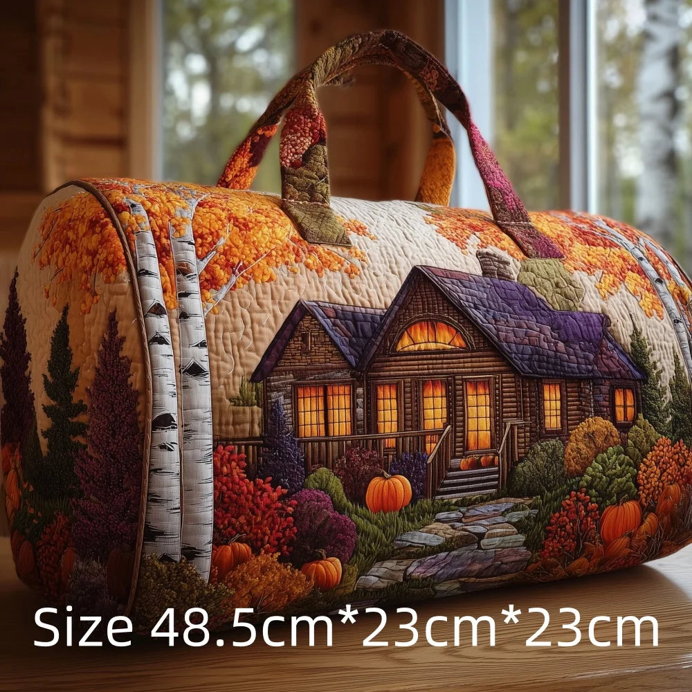 3D Print Quilted Travel Bag Autumn Mountain Forest Cabin Tote Weekender Duffle for Women Men Vintage Nature Landscape Hangbag