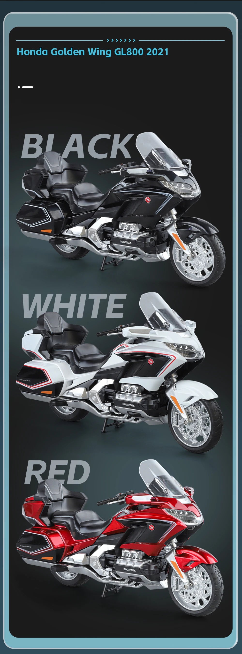 Diecast Honda Gold Wing GL1800 2021 Touring Motorcycle Model 1 to 11 Scale