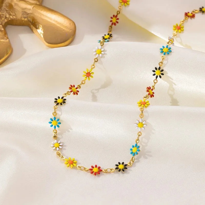 Colorful Daisy Titanium Steel Necklace/Bracelet 18K Gold Plated Waterproof Chain 45 cm