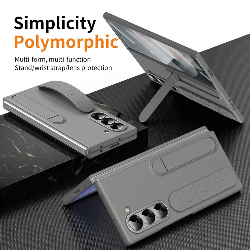 Wristband Foldable Stand Funda for Samsung Galaxy Z Fold 6 4 5 3 Fold5 5G Case Front Glass Lens Protection PC Plastic Cover Capa