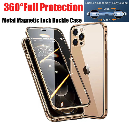 360°Full Protection Metal Snap Lock Phone Case For iPhone 16 Pro Max 14 15 Pro Max Double-Sided Glass Bumper Case