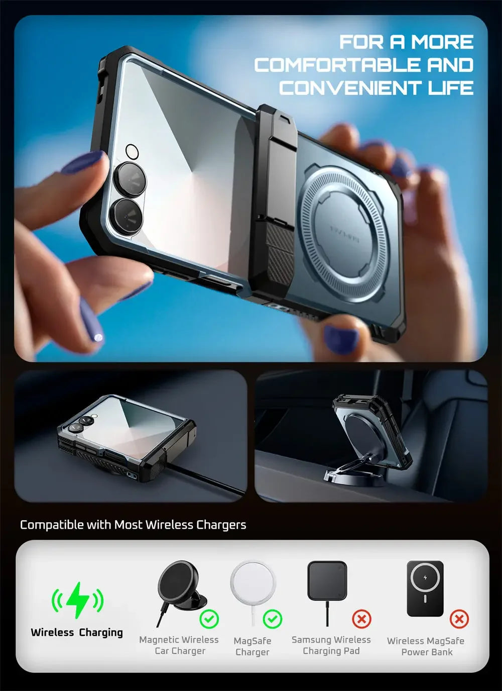 For Samsung Galaxy Z Flip 7 Case UB Grip Military-Grade Rugged Back Phone Case with Stand & Front Screen Protector