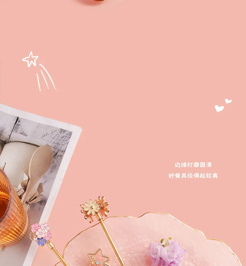 Colorful Cherry Spoons Long Handle Dessert Spoon 304 Stainless Steel Petal Teaspoons Catoon Blossom Star Fish Shape Home Decor