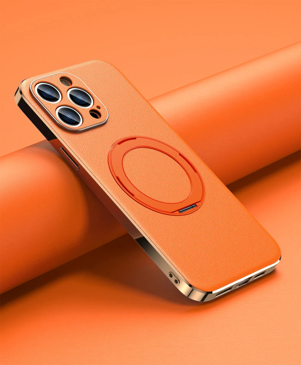 Leather for Magsafe Case for iPhone 16 15 14 Pro Max 16Pro Ring Luxury Lens Protection Holder Phone Back Cover