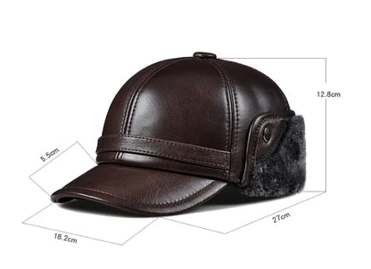 Winter Men's  Hat Thicken Leather Cowhide Baseball Caps With Ears Warm Snapback