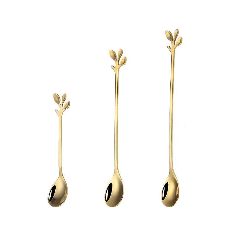 Gold Leaf Spoon for Stirring Tea Coffee Mixing Spoons Stainless Steel Tableware for Dessert Fruit Christmas Gift Home Decoratons