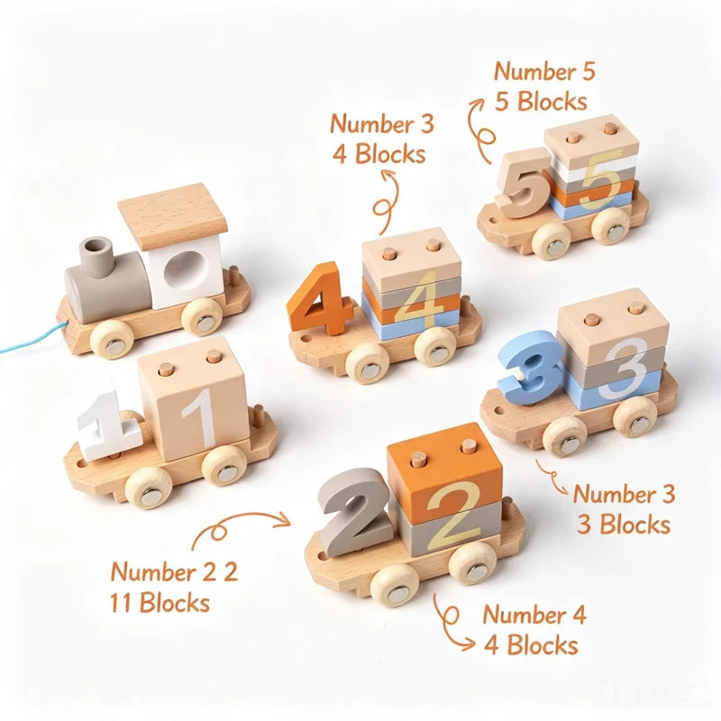 Wooden Number Learning Train Toy with Detachable Carriages