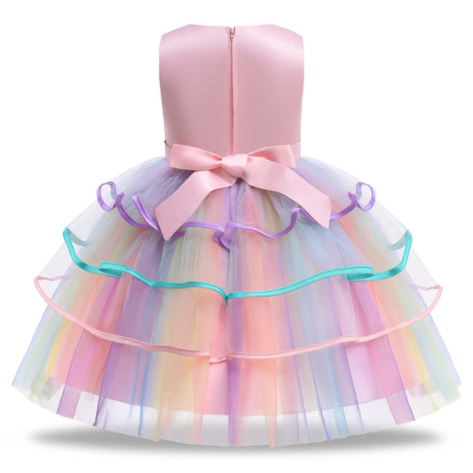 Rainbow Unicorn Princess Dress with Bow and Tulle Skirt Birthday Party Costume