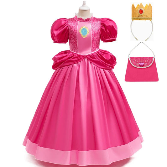 Hot Pink Puff Sleeve Princess Ball Gown with Crown and Handbag Set