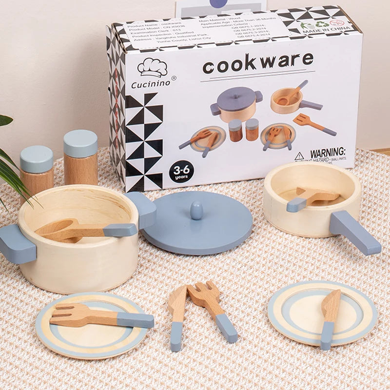 Wooden Pretend Play Kitchen Set with Pots Pans and Utensils