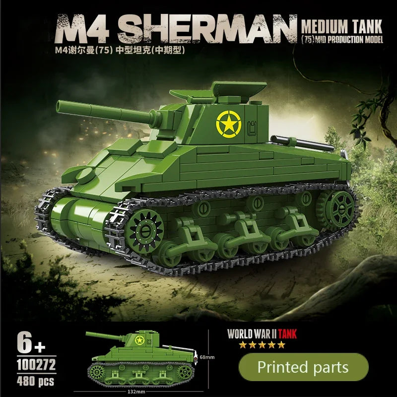 US Army Military World War WW2 M4 Sherman 75 Medium Tank Building Blocks Stuart Tank Bricks Educational Toys for s Gift
