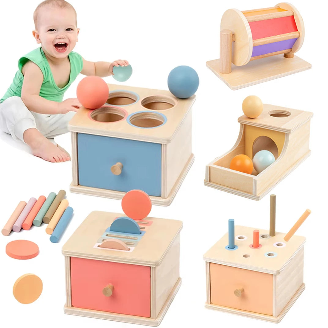 Montessori Coin Ball Box  Toy Wooden Object Permanence Box Macaroon Color Spinning Drum Drawer Box Educational Toys