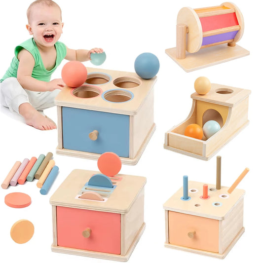 Montessori Coin Ball Box  Toy Wooden Object Permanence Box Macaroon Color Spinning Drum Drawer Box Educational Toys