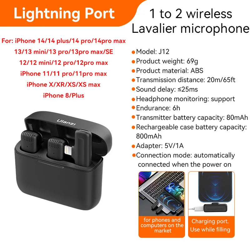 Wireless Lavalier Microphone Dual Mic Plug & Play for iPhone Android Live Recording