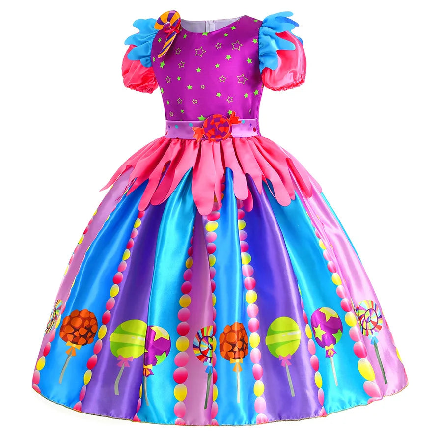 Girls Purim Festival Lollipop Costume  Puff Sleeve Candy Costume  Sweet Lollipop Print Birthday Party Dresses