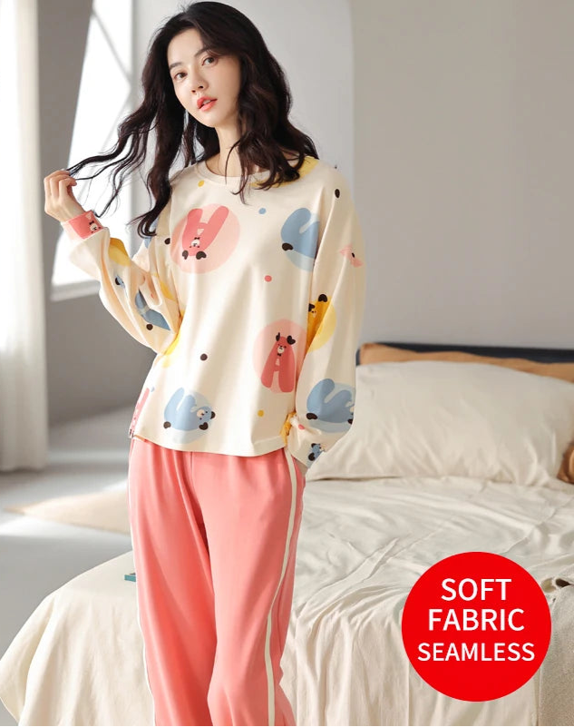 Women’s Cute Lazy Style Cotton Pajama Set – Soft, Loose Long Sleeves & Pants